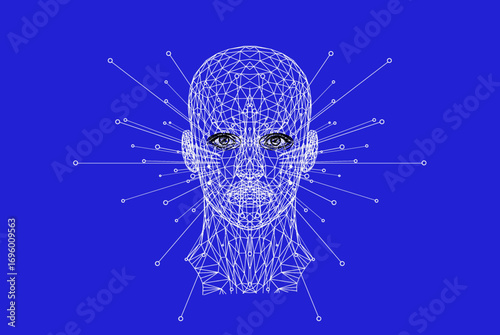 Abstract digital human head vector illustration with futuristic circuitry and neural network patterns