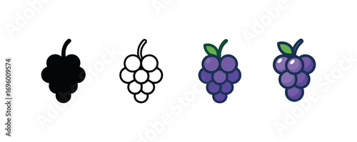 Vector icon grapes bunch same pose same proportions four styles black solid glyph outline minimal flat multicolor filled cartoon flat shaded.