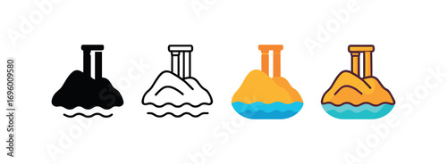 Vector icon island with ancient ruins same pose same proportions four styles black solid glyph outline minimal flat multicolor filled cartoon flat shaded.