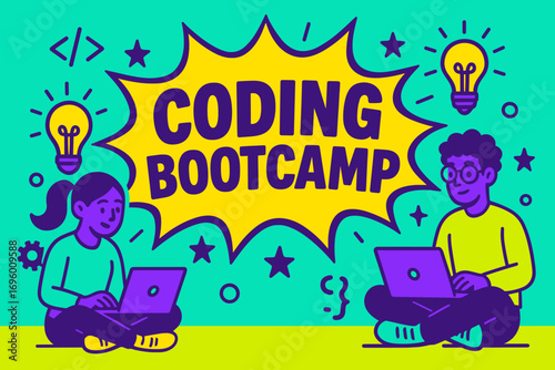 Coding Bootcamp banner flat vector illustration bold oversized text inside comic burst cartoon characters sitting with laptops and light bulbs bright solid colors in neon turquoise bright.