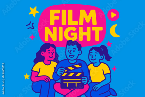 Film Night banner flat vector illustration bold oversized text inside rounded blob cartoon characters sitting with clapper board bright solid colors in neon magenta vivid blue sunshine high.