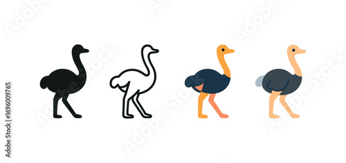Vector icon ostrich bird same pose same proportions four styles black solid glyph outline minimal flat multicolor filled cartoon flat shaded.