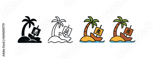 Vector icon island with pirate shipwreck same pose same proportions four styles black solid glyph outline minimal flat multicolor filled cartoon flat shaded.