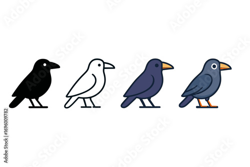 Vector icon crow bird same pose same proportions four styles black solid glyph outline minimal flat multicolor filled cartoon flat shaded.