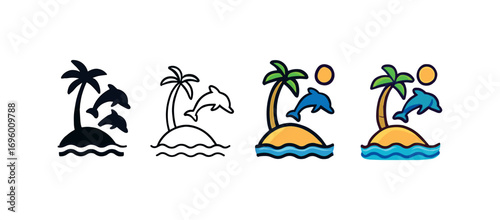 Vector icon island with dolphins same pose same proportions four styles black solid glyph outline minimal flat multicolor filled cartoon flat shaded.