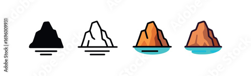 Vector icon rocky island cliff same pose same proportions four styles black solid glyph outline minimal flat multicolor filled cartoon flat shaded.