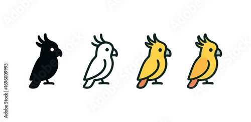 Vector icon cockatoo bird same pose same proportions four styles black solid glyph outline minimal flat multicolor filled cartoon flat shaded.