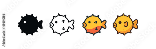 Vector icon pufferfish same pose same proportions four styles black solid glyph outline minimal flat multicolor filled cartoon flat shaded.