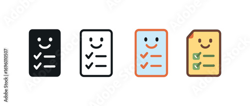 Vector icon checklist homework same pose same proportions four styles black solid glyph outline minimal flat multicolor filled cartoon flat shaded.