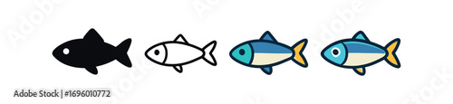 Vector icon anchovy fish same pose same proportions four styles black solid glyph outline minimal flat multicolor filled cartoon flat shaded.