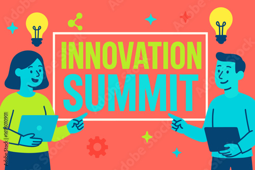 Innovation Summit banner flat vector illustration bold oversized text inside rectangular frame cartoon characters pointing with laptops and light bulbs bright solid colors in neon coral.