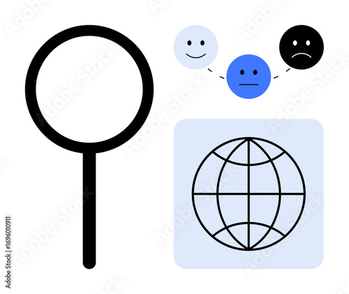 Magnifying glass highlights world map and emotional faces expressing happiness, neutrality, and sadness. Ideal for research, analytics, psychology, emotions, global trends, decision-making simple