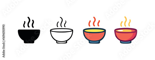 Vector icon soup hot bowl same pose same proportions four styles black solid glyph outline minimal flat multicolor filled cartoon flat shaded.