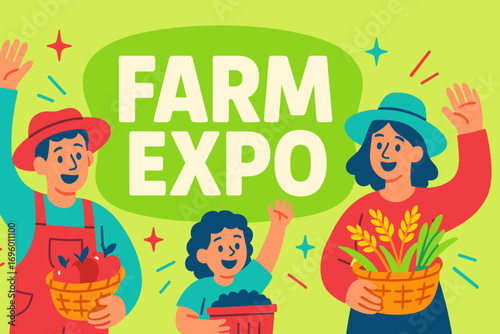 Farm Expo banner flat vector illustration bold oversized text inside rounded blob cartoon characters waving with baskets bright solid colors in lime sherbet crimson red cobalt turquoise.