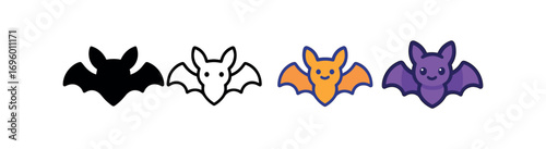 Vector icon bat flying same pose same proportions four styles black solid glyph outline minimal flat multicolor filled cartoon flat shaded.