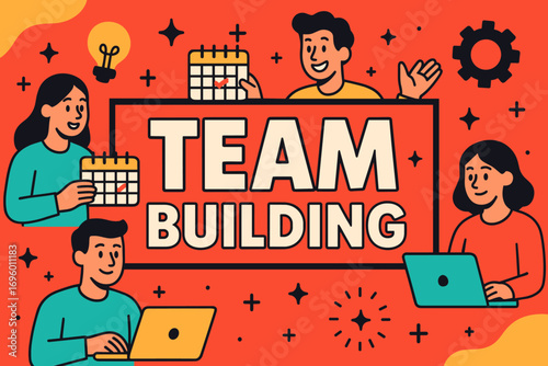Team Building banner flat vector illustration bold oversized text inside rectangular frame cartoon characters holding calendars and laptops bright solid colors in scarlet red aqua mint.