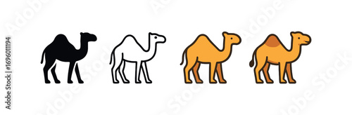 Vector icon camel desert same pose same proportions four styles black solid glyph outline minimal flat multicolor filled cartoon flat shaded.