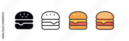 Vector icon cheeseburger same pose same proportions four styles black solid glyph outline minimal flat multicolor filled cartoon flat shaded.