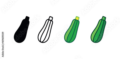 Vector icon zucchini vegetable same pose same proportions four styles black solid glyph outline minimal flat multicolor filled cartoon flat shaded.