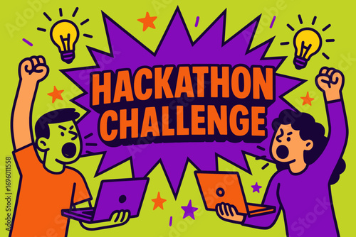 Hackathon Challenge banner flat vector illustration bold oversized text inside splash explosion cartoon characters shouting with laptops and light bulbs bright solid colors in neon purple.