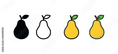 Vector icon pear fruit same pose same proportions four styles black solid glyph outline minimal flat multicolor filled cartoon flat shaded.