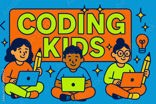 Coding Kids banner flat vector illustration bold oversized text inside rectangular frame cartoon characters sitting with laptops and pencils bright solid colors in neon orange vivid lime.