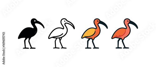Vector icon ibis bird same pose same proportions four styles black solid glyph outline minimal flat multicolor filled cartoon flat shaded.