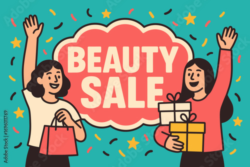 Beauty Sale banner flat vector illustration bold oversized text inside outline cartoon characters waving with shopping bags and gift boxes bright solid colors in hot pink ivory cream aqua.