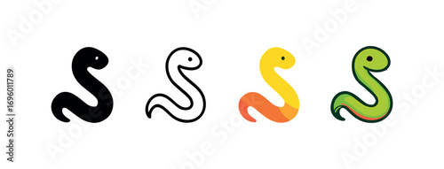 Vector icon snake crawling same pose same proportions four styles black solid glyph outline minimal flat multicolor filled cartoon flat shaded.