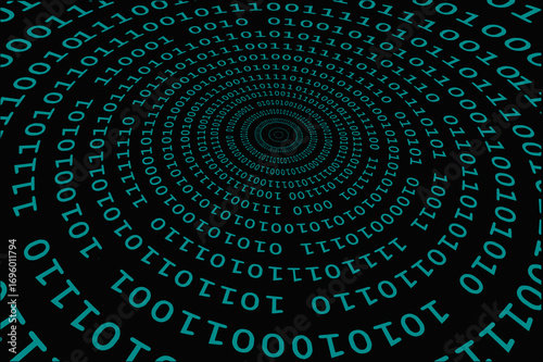 Abstract swirling digital binary code data flow tunnel vector illustration for technology and futuristic concepts