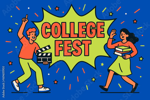 College Fest banner flat vector illustration bold oversized text inside comic burst cartoon characters dancing with clapper board and books bright solid colors in cobalt blue neon coral.