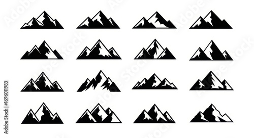 Mountain Peak Silhouettes: A collection of stylized, black mountain silhouettes, perfect for conveying concepts of exploration, adventure, and natural beauty.