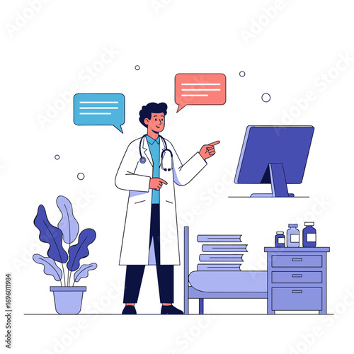 Doctor in office providing consultation with digital technology and medical supplies