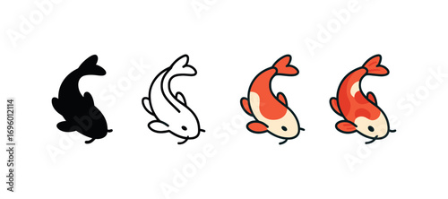 Vector icon carp koi pond same pose same proportions four styles black solid glyph outline minimal flat multicolor filled cartoon flat shaded.
