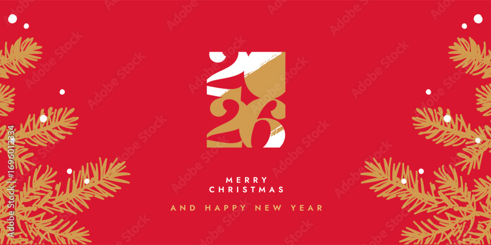 custom made wallpaper toronto digitalMerry Christmas and Happy New Year 2026 greeting card or banner. Modern Xmas design with typography logo 2026, Christmas tree branches with snow. Minimal elegant art banner, poster, cover template