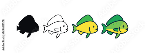 Vector icon mahi mahi fish same pose same proportions four styles black solid glyph outline minimal flat multicolor filled cartoon flat shaded.