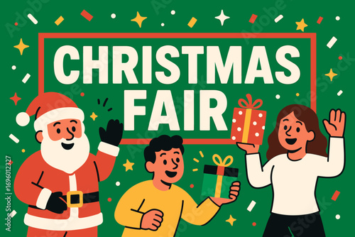 Christmas Fair banner flat vector illustration bold oversized text inside rectangular frame cartoon characters waving with gift boxes bright solid colors in holly green ruby red snow white.