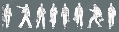 Architectural Drawings fashion models walking in various runway and streetwear poses vector illustration, front view, human person Minimal style hand drawn. Sections, Elevations, Floor Plans