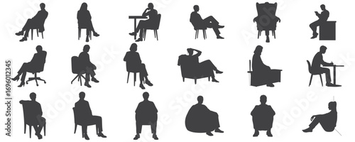Architectural Drawings fashionable people sitting in different relaxed and formal poses silhouette vector illustration, front view, human person Minimal style hand drawn.