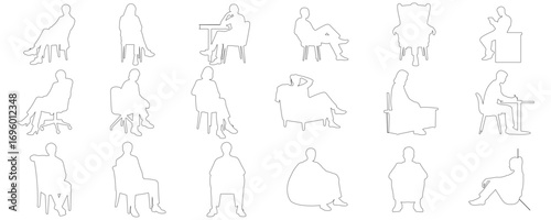 Architectural Drawings fashionable people sitting in different relaxed and formal poses outline vector illustration, front view, human person Minimal style hand drawn. 
