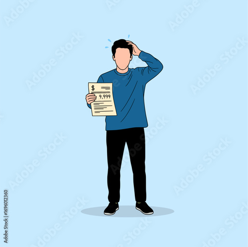 Confused man holds financial document vector illustration scalable eps icon business uncertainty