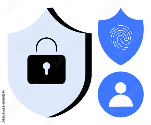 Blue and black shields featuring a lock, fingerprint, and user icon. Ideal for cybersecurity, data privacy, identity verification, password management, user authentication, access control simple
