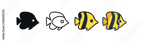 Vector icon butterflyfish same pose same proportions four styles black solid glyph outline minimal flat multicolor filled cartoon flat shaded.