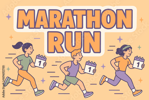Marathon Run banner flat vector illustration bold oversized text inside outline cartoon characters running with calendars pastel colors in apricot orange lavender lilac sage green high.