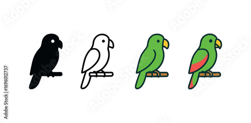 Vector icon parrot perched same pose same proportions four styles black solid glyph outline minimal flat multicolor filled cartoon flat shaded.