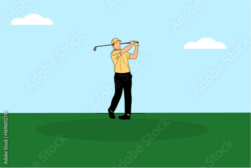 Vector illustration of a golfer swinging a club on a green course under a blue sky