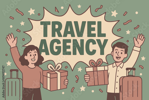 Travel Agency banner flat vector illustration bold oversized text inside splash explosion cartoon characters waving with suitcases and gift boxes pastel colors in sage green dusty rose.