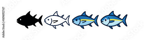 Vector icon tuna fish same pose same proportions four styles black solid glyph outline minimal flat multicolor filled cartoon flat shaded.