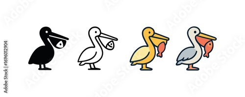 Vector icon pelican fish same pose same proportions four styles black solid glyph outline minimal flat multicolor filled cartoon flat shaded.