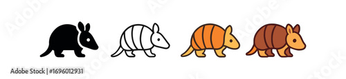 Vector icon armadillo same pose same proportions four styles black solid glyph outline minimal flat multicolor filled cartoon flat shaded.